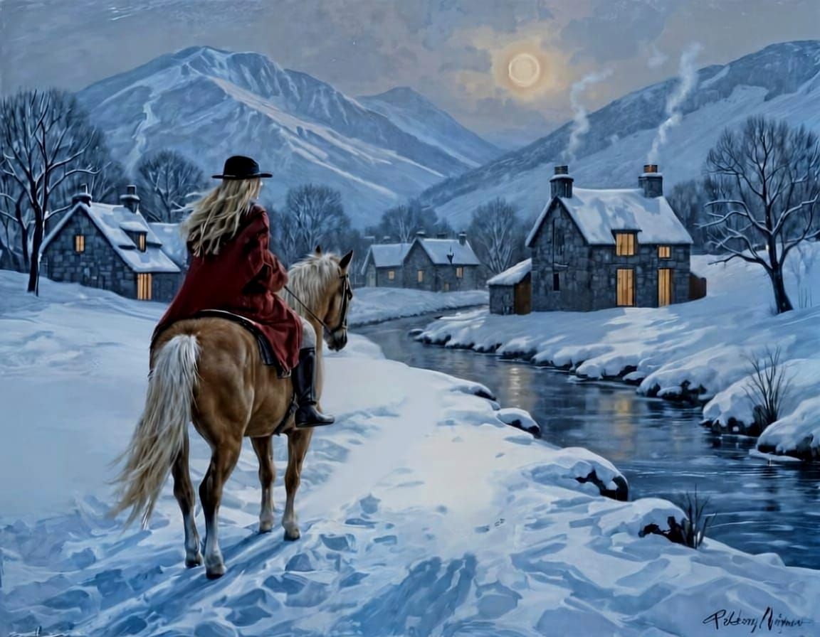 Woman Rides Palomino Horse in Snowy Snowdonia Village