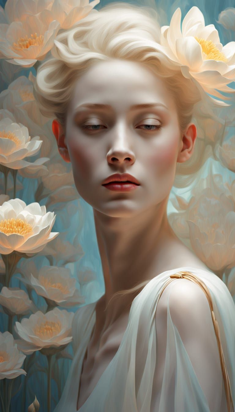 Albino Woman's Floral Metamorphosis in Art Nouveau Style