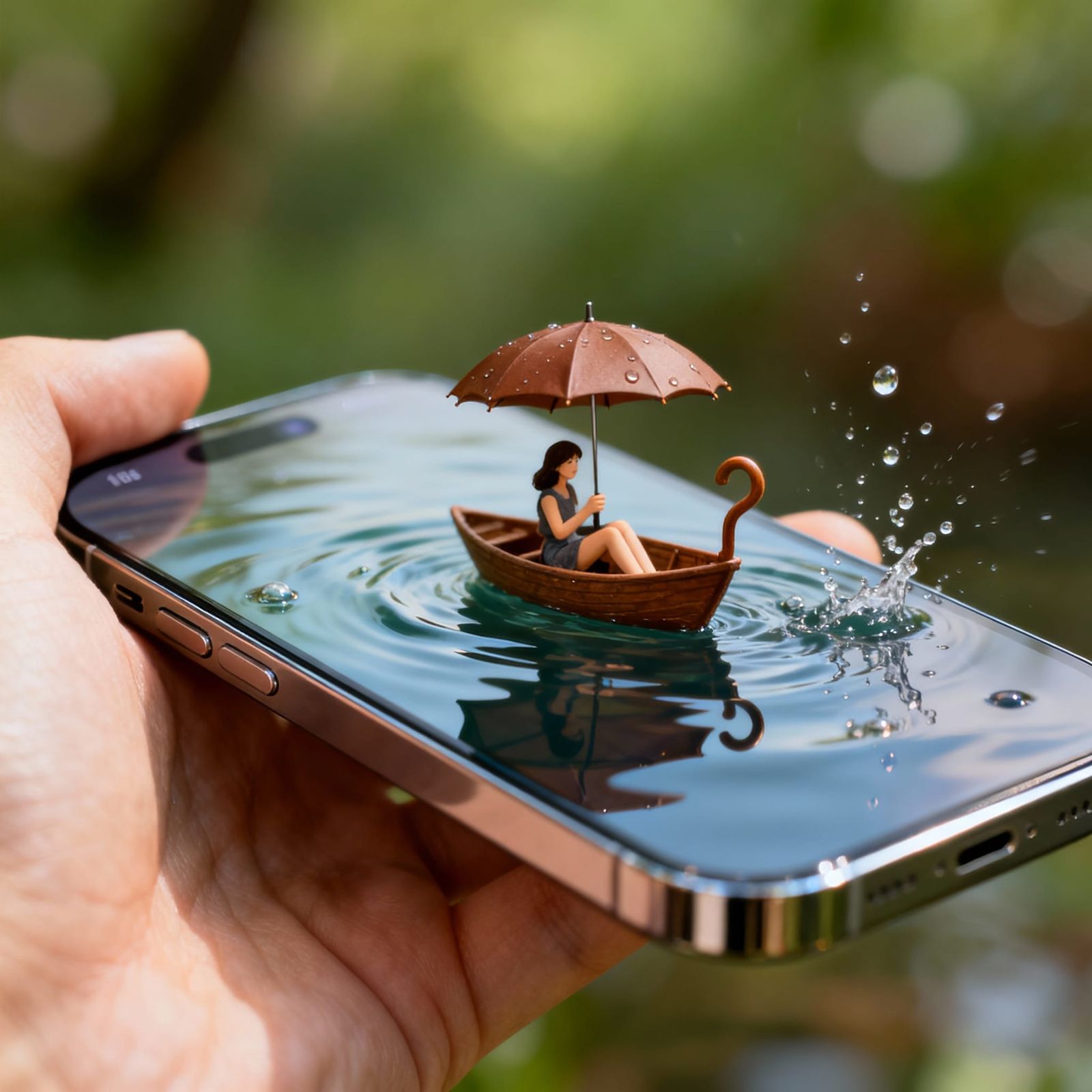 Surreal Scene: Hand Holds iPhone with Miniature Woman on Wat...