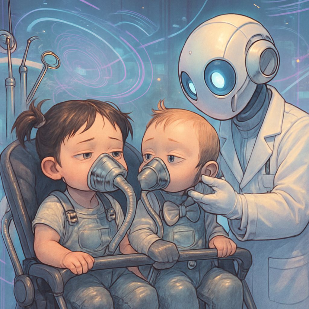 Babies in Futuristic Dental Scene: Neon Futurism