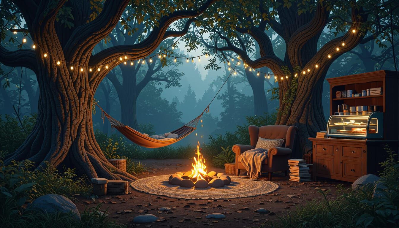 Magical Hidden Grove With Cozy Campfire and Coffee Bar