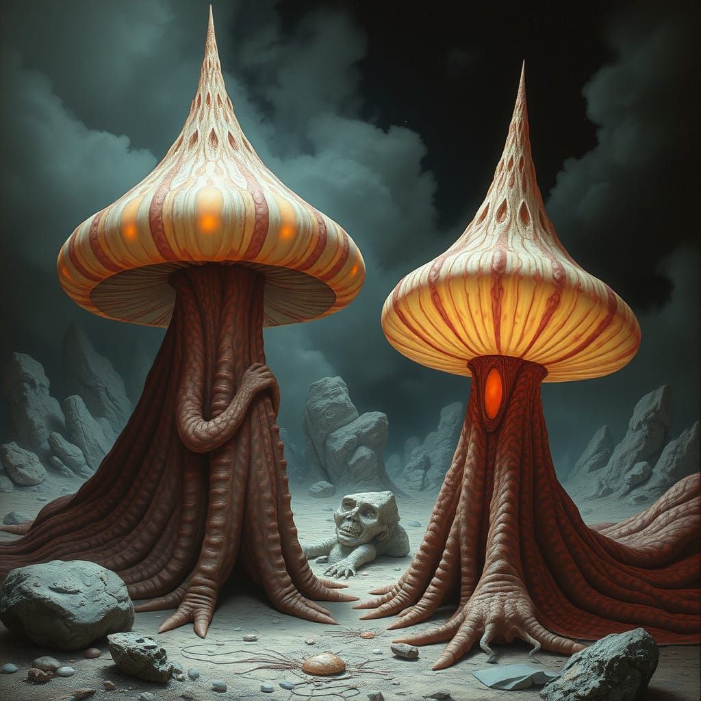 Surreal Landscape of Glowing Mushrooms in a Dreamlike Settin...