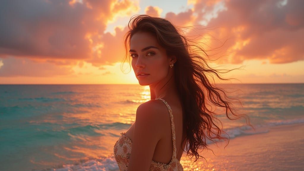 Woman on Caribbean Beach at Breathtaking Sunrise