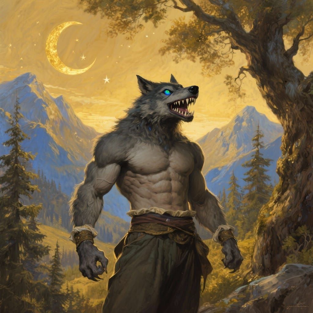 Muscular Werewolf in Epic Forest Oil Painting