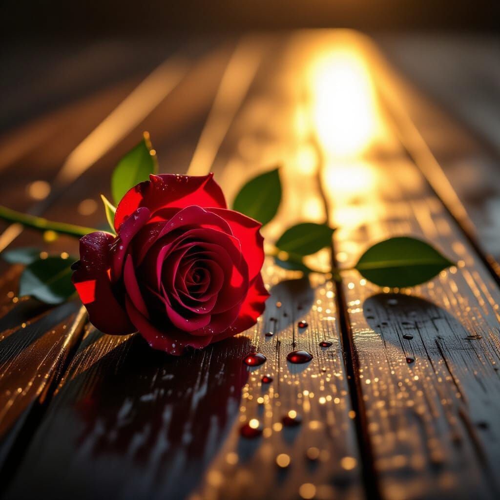 Vibrant Red Rose Glistening with Dew Drops in Golden Light