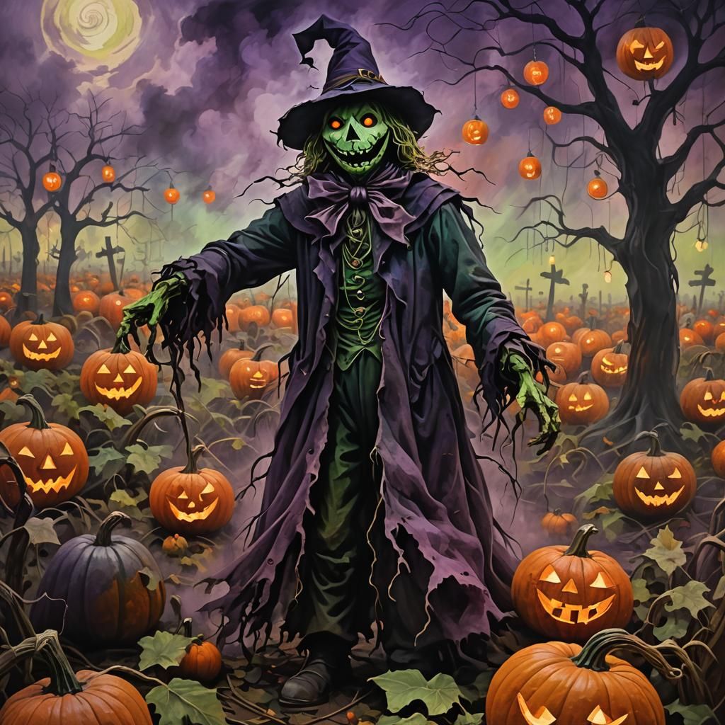 Eerie Scarecrow God in Fauvist Pumpkin Patch
