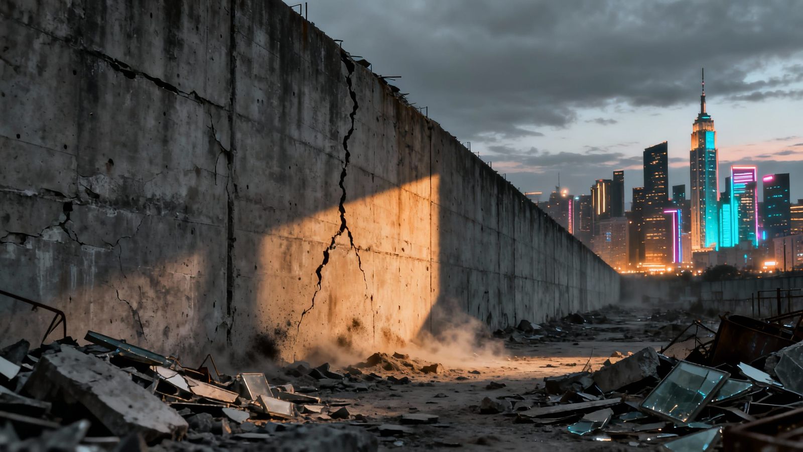 Concrete Wall Divides Ruined City From Modern Skyline at Dus...