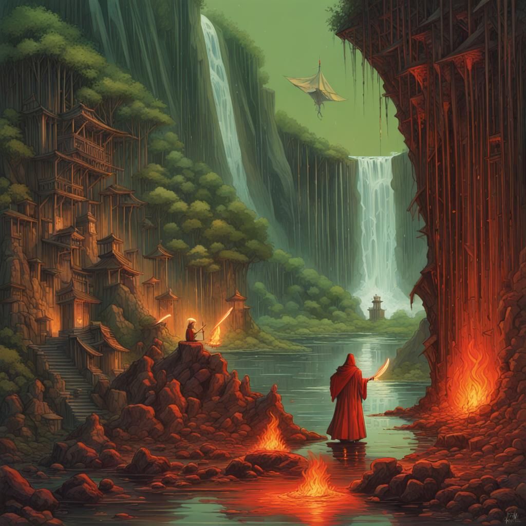 Spirits and Chaos: A Multi-Armed Figure in a Fantasy Landsca...