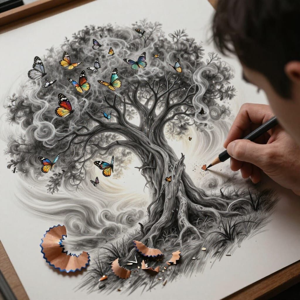 Graphite Pencil Transforms into Majestic Tree, Butterflies E...