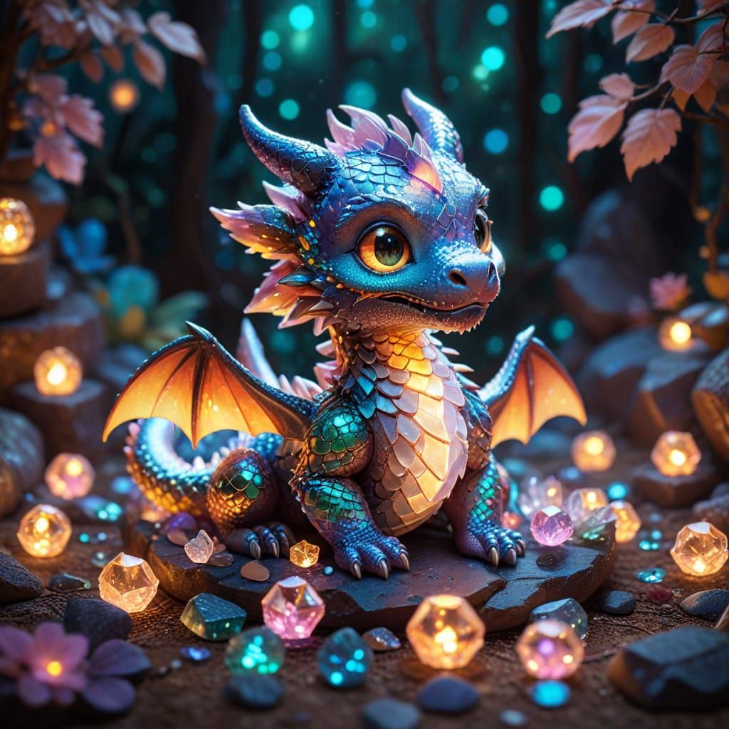 Cute Chibi Dragon on Crystals in Studio Ghibli Style