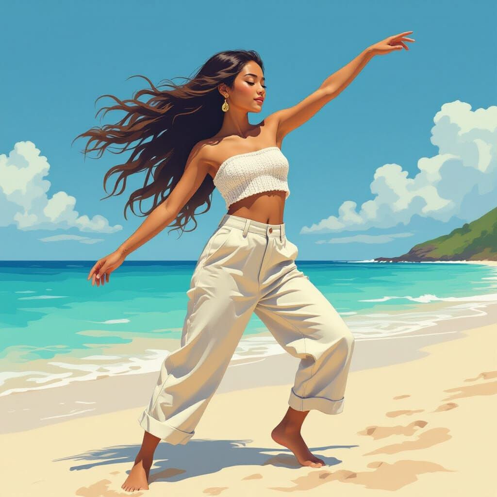 Polynesian Girl Dancing on Beach in Whimsical Style