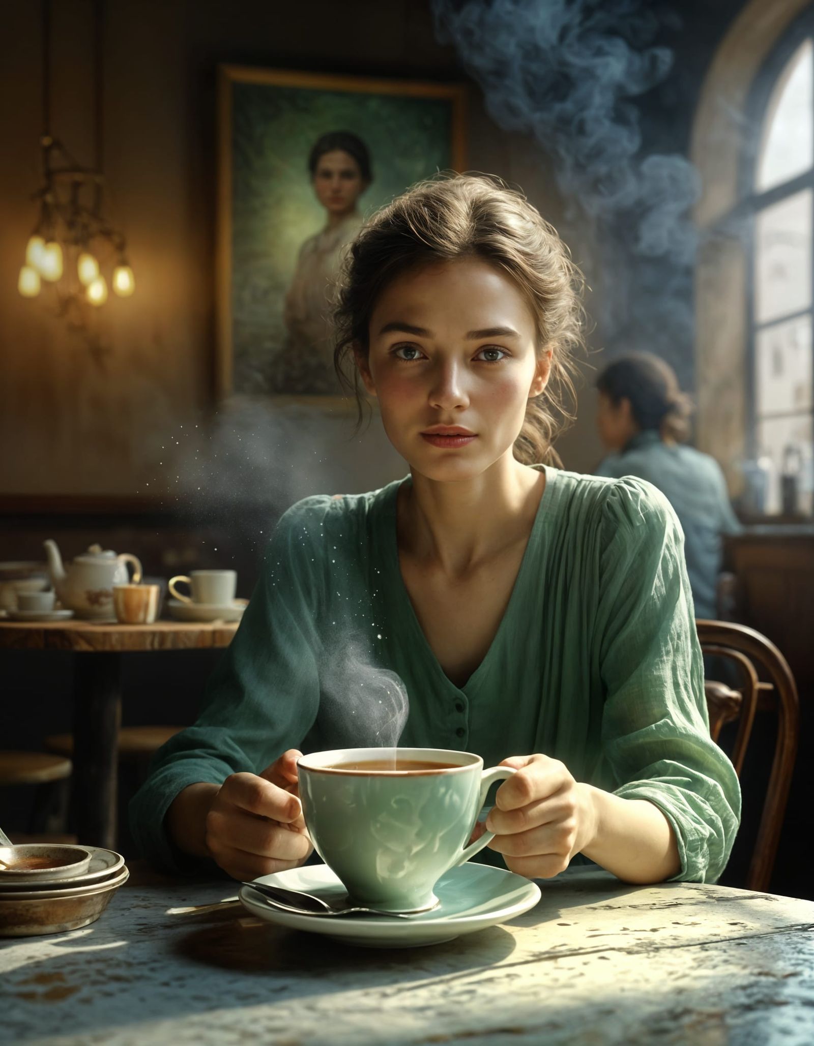 Beautiful Woman Enjoying Tea: Photorealistic Portrait