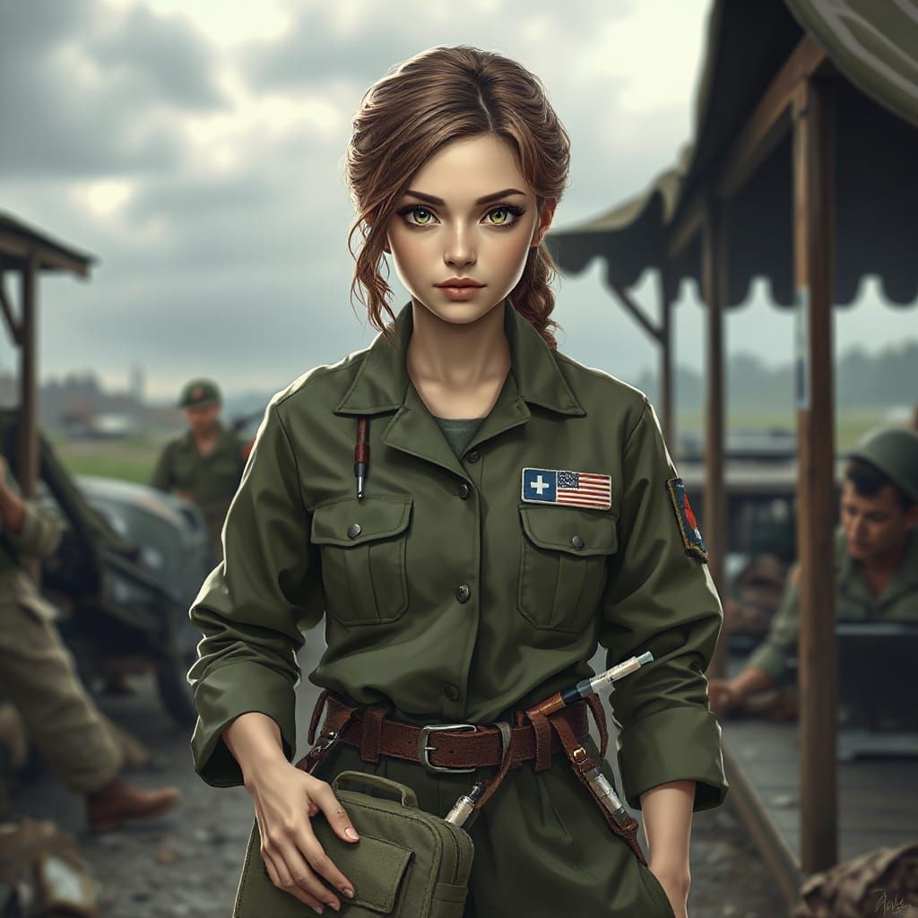 Female Medic in War-Torn Environment: Realistic Portrait