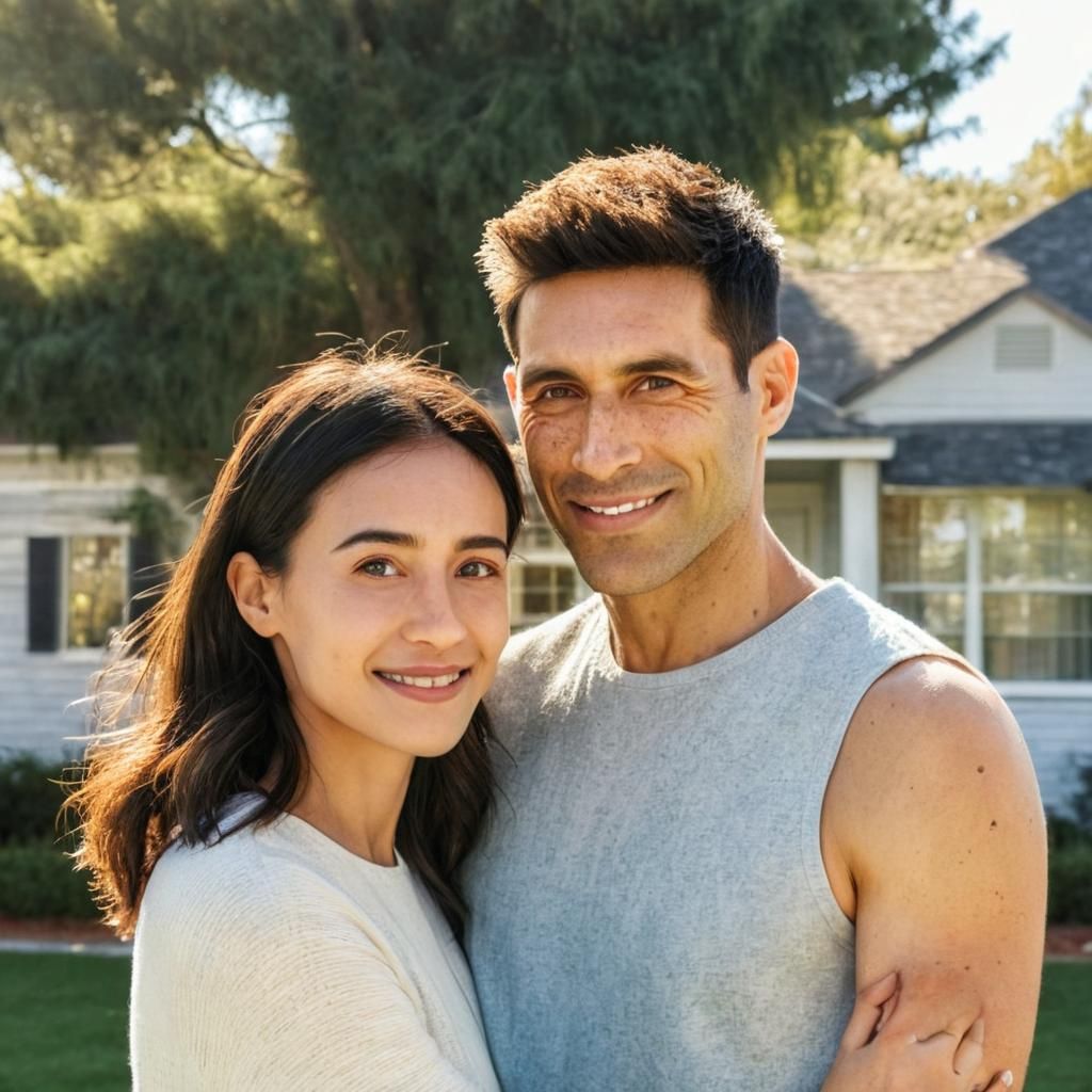 Couple Embraces Before Suburban Home in Natural Light