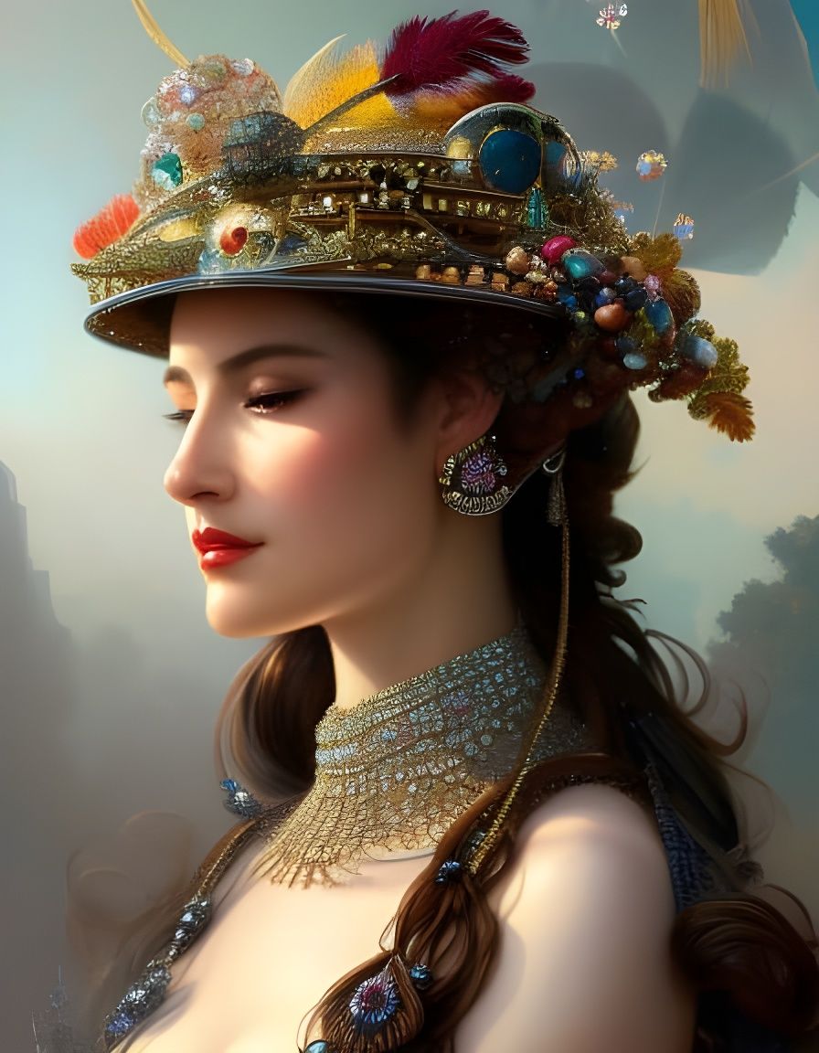 Woman in Elaborate Hat: Hyperdetailed Portrait