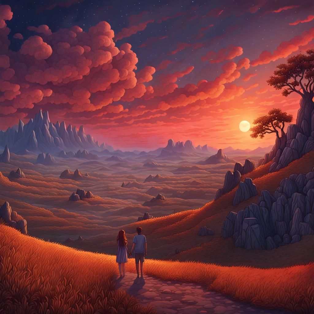 Breathtaking Otherworldly Couple in a Dark Landscape