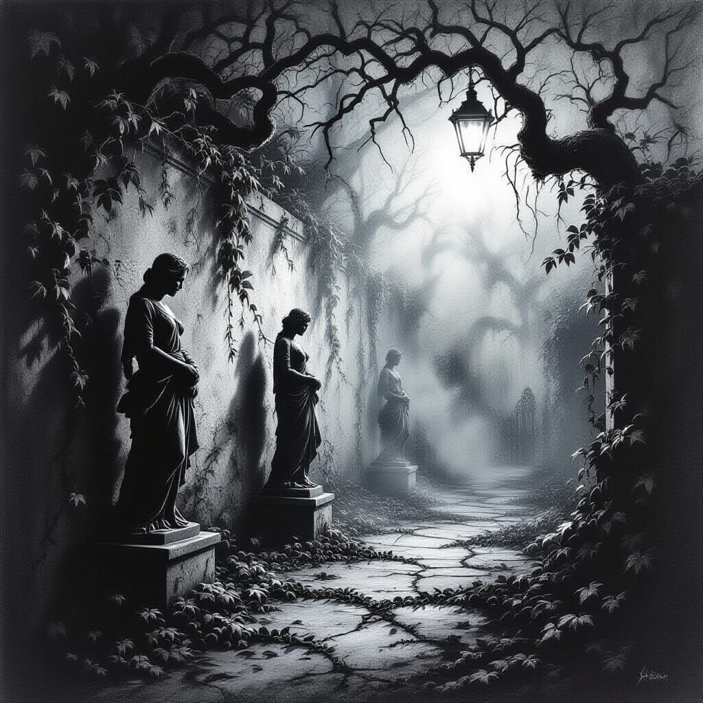 Eerie Charcoal Garden with Animated Statues