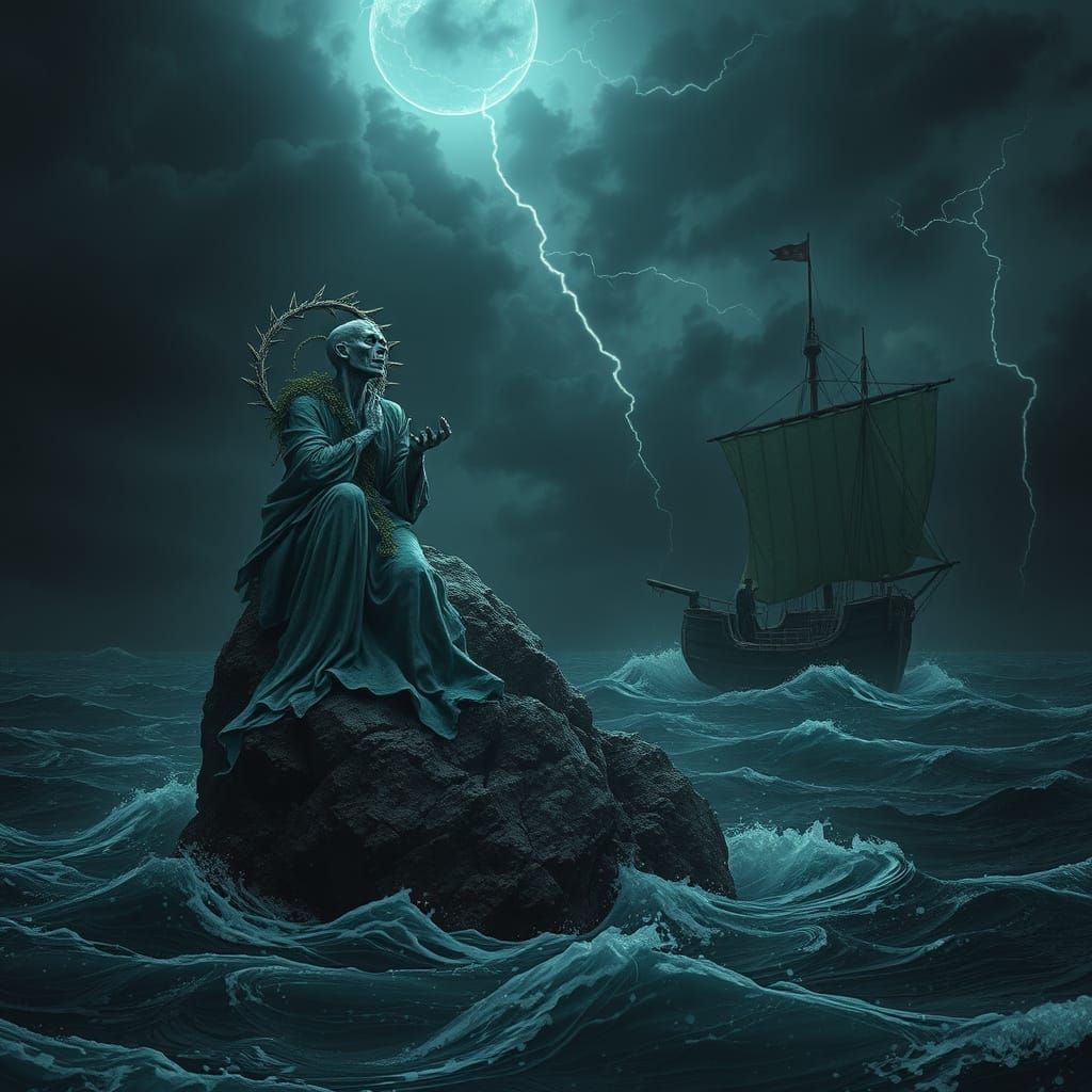 Surreal Mermaid of the Dark Tides in Flickering Bioluminesce...