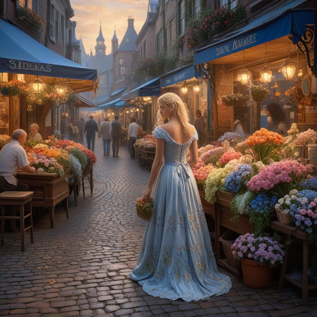 Ethereal Fantasy Maiden Sells Flowers in Whimsical Market Sc...