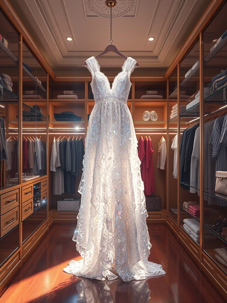 A dress made of crystal hanging in a large closet