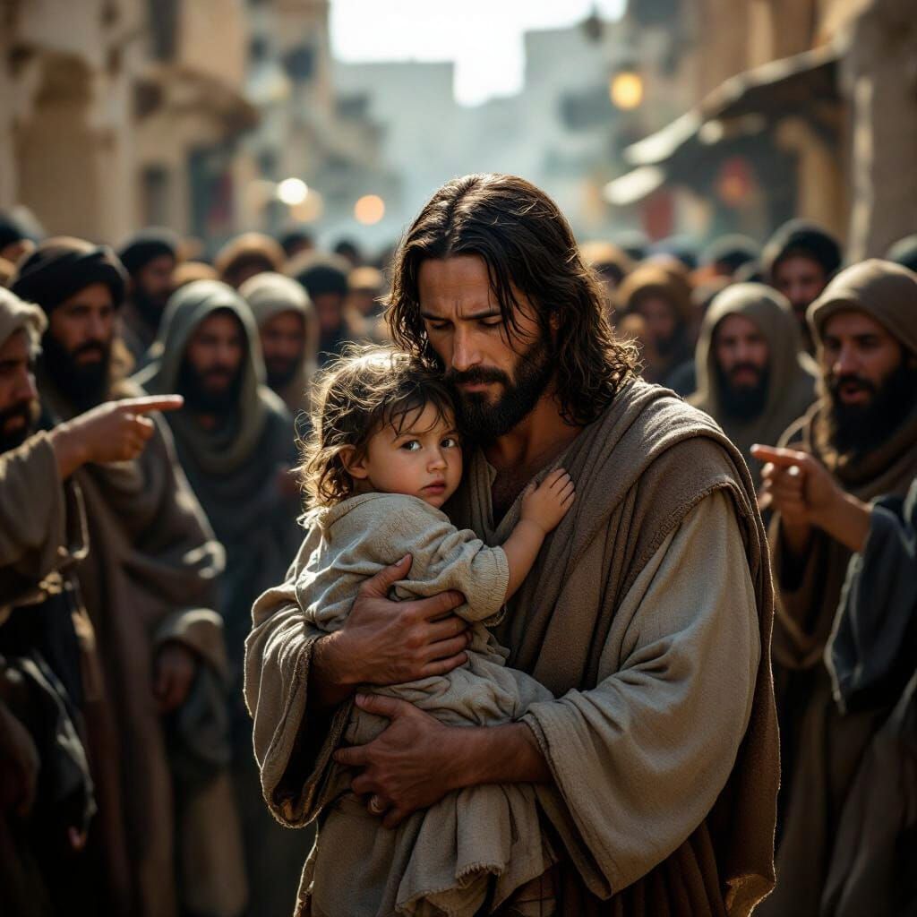 Jesus Carries Child Through Angry Biblical City Crowd