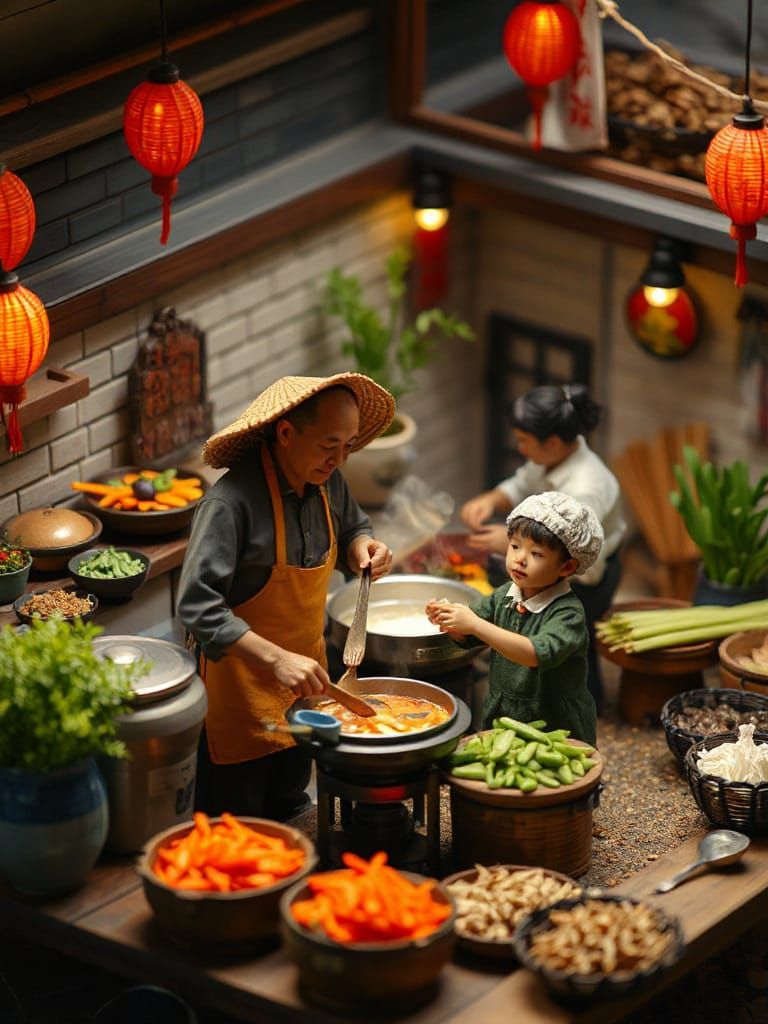 Miniature Sichuan Hotpot Harvest Scene: Ultra-Detailed 8K