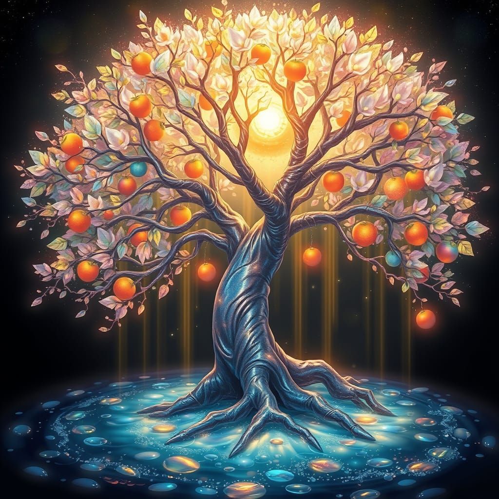 Majestic Tree of Resilience Blooms with Iridescent Fruit