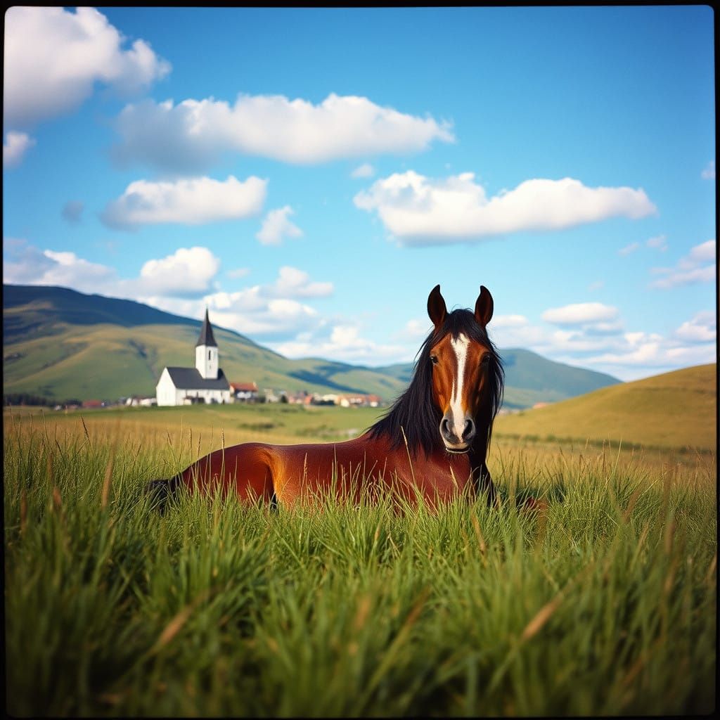 Elegant Horse in Summer Hilly Landscape