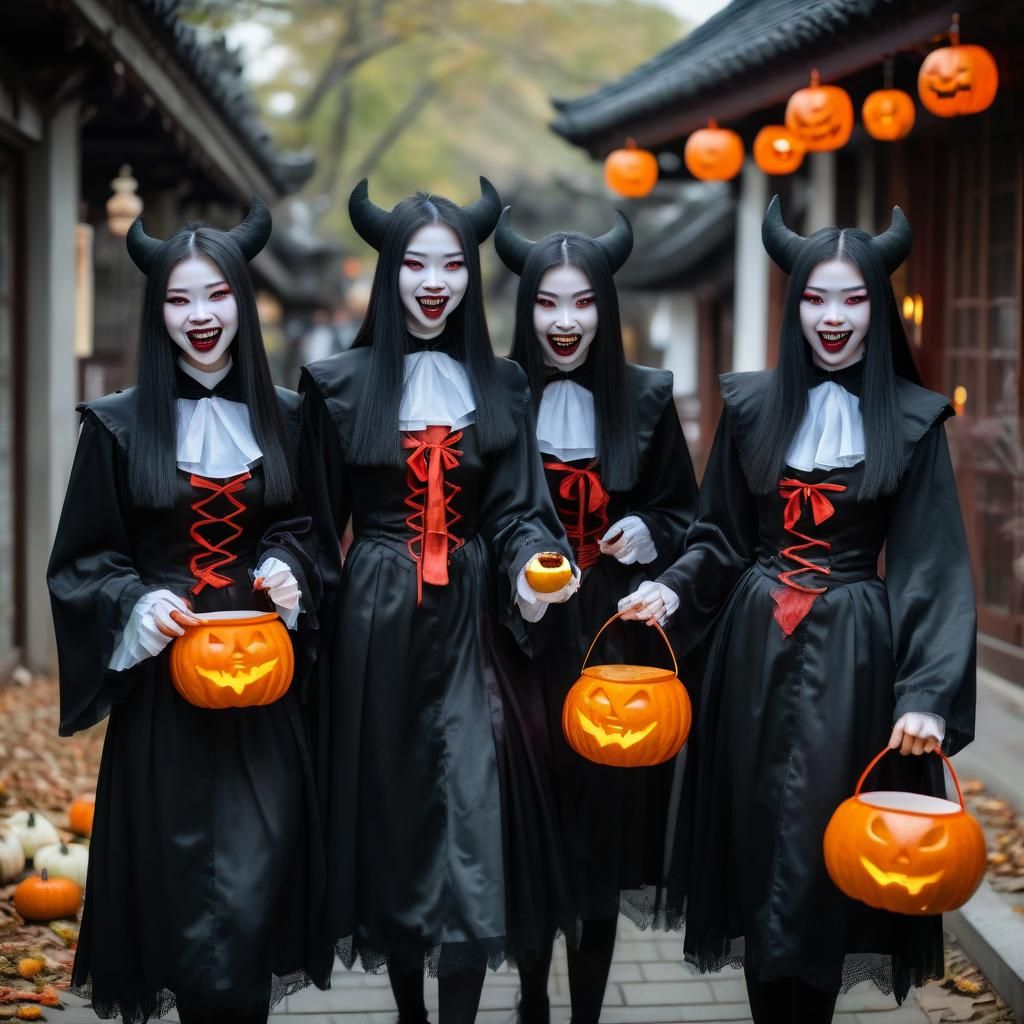 Chinese Teenage Vampire Girls Trick-or-Treating