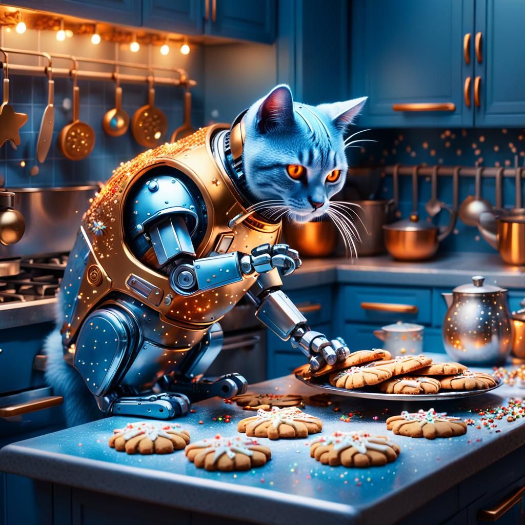 Whimsical Robot Cat Prepares Cookies in a Festive Holiday Ki...