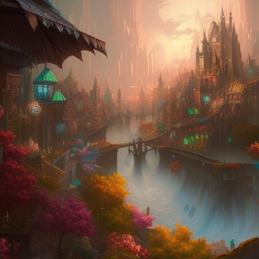 Fantastical Cityscape Art in Deep Color