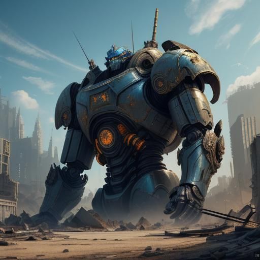 Imperial Tyrant Robot in Ruined Cityscape