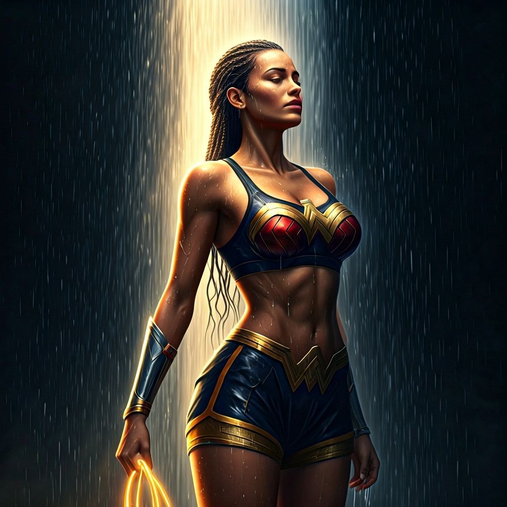Wonder Woman Showering Under Waterfall: Hyperrealistic Splas...