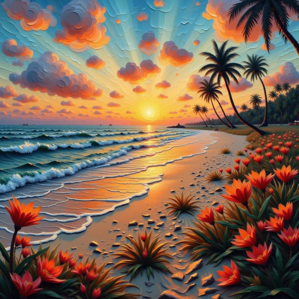 Textured Beach Sunset in Impasto Style