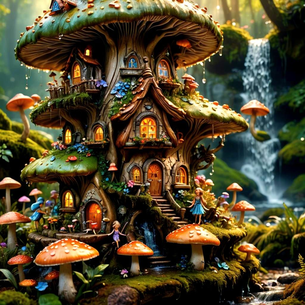 Fairies on Mushroom Near Fairy House: Hyperrealistic Digital...