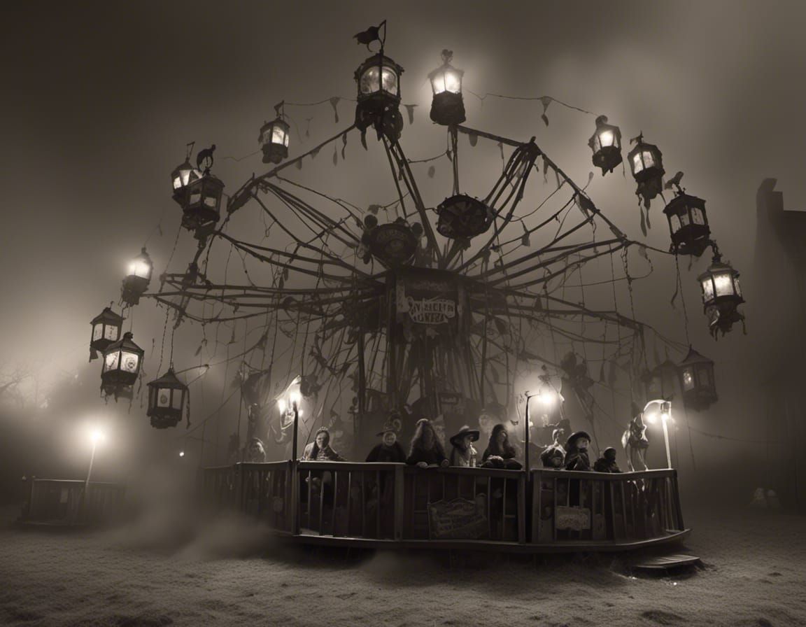Eerie Black and White Carnival Ride at Dusk
