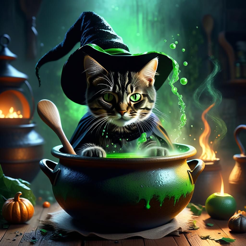 Whimsical Witch Cat Brewing Potion, Impressionistic Style