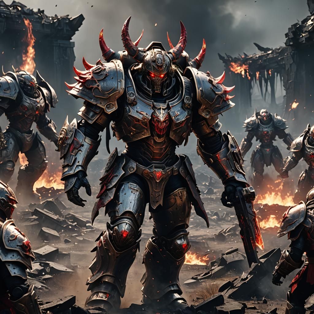 Perturabo in Mk3 Armor on Ruined Battlefield