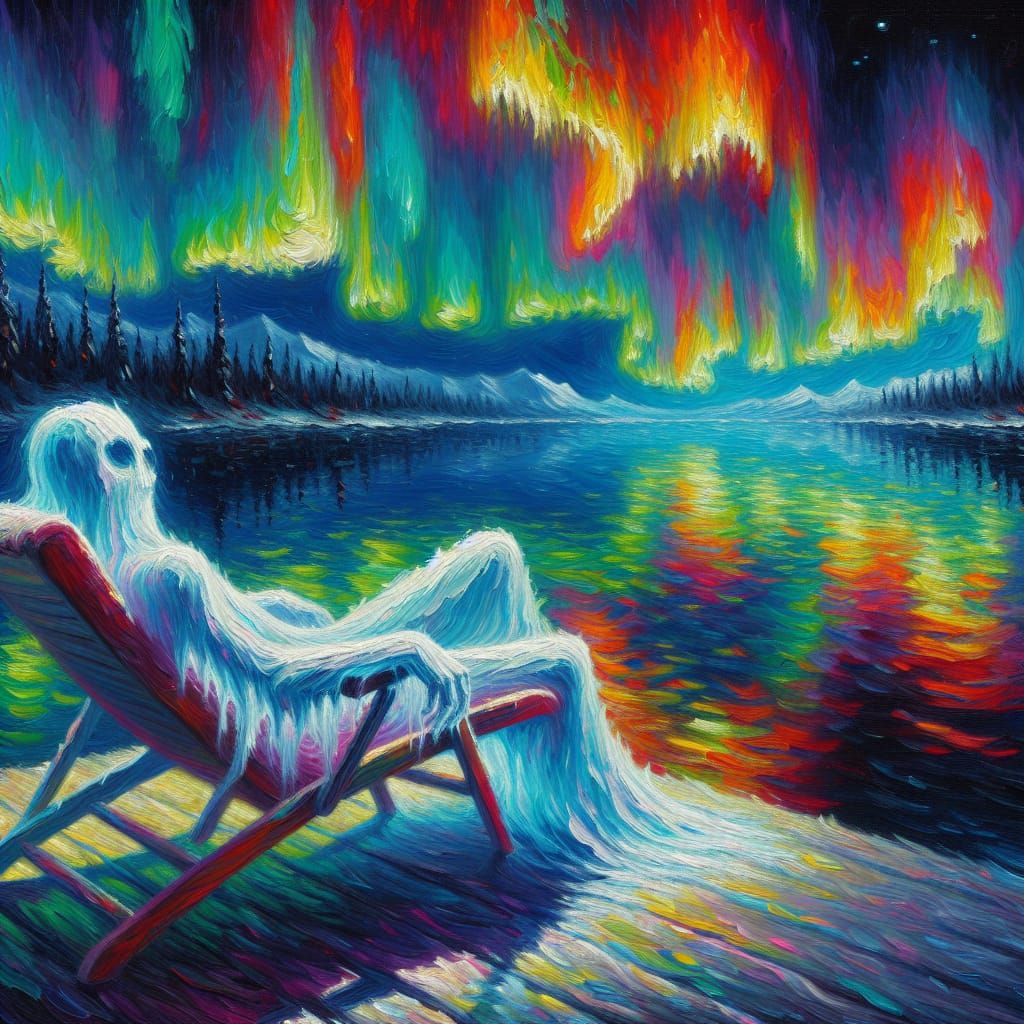 Ghost Watches Aurora Borealis: Post-Impressionist Impasto Pa...