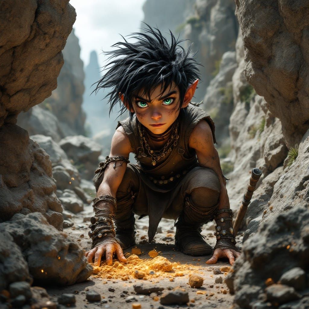 Neolithic Rock Gnome in Rugged Landscape