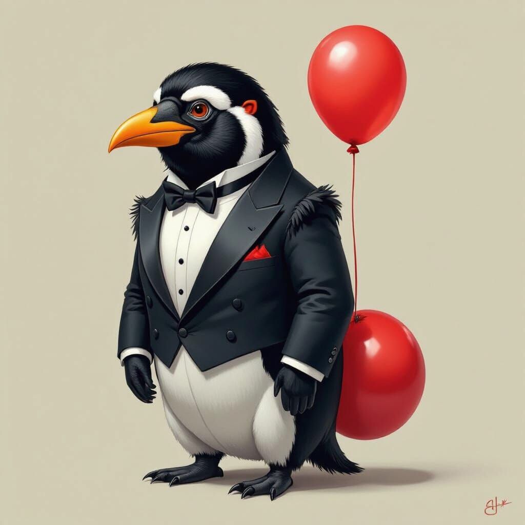Baboon-Penguin Hybrid in Tuxedo with Red Balloon