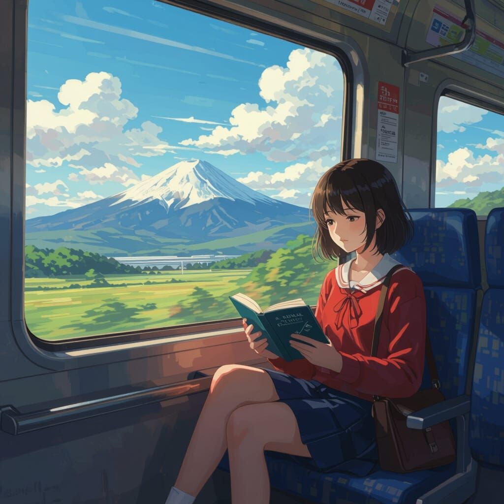 Girl Reading on Speeding Train with Blurring Landscape