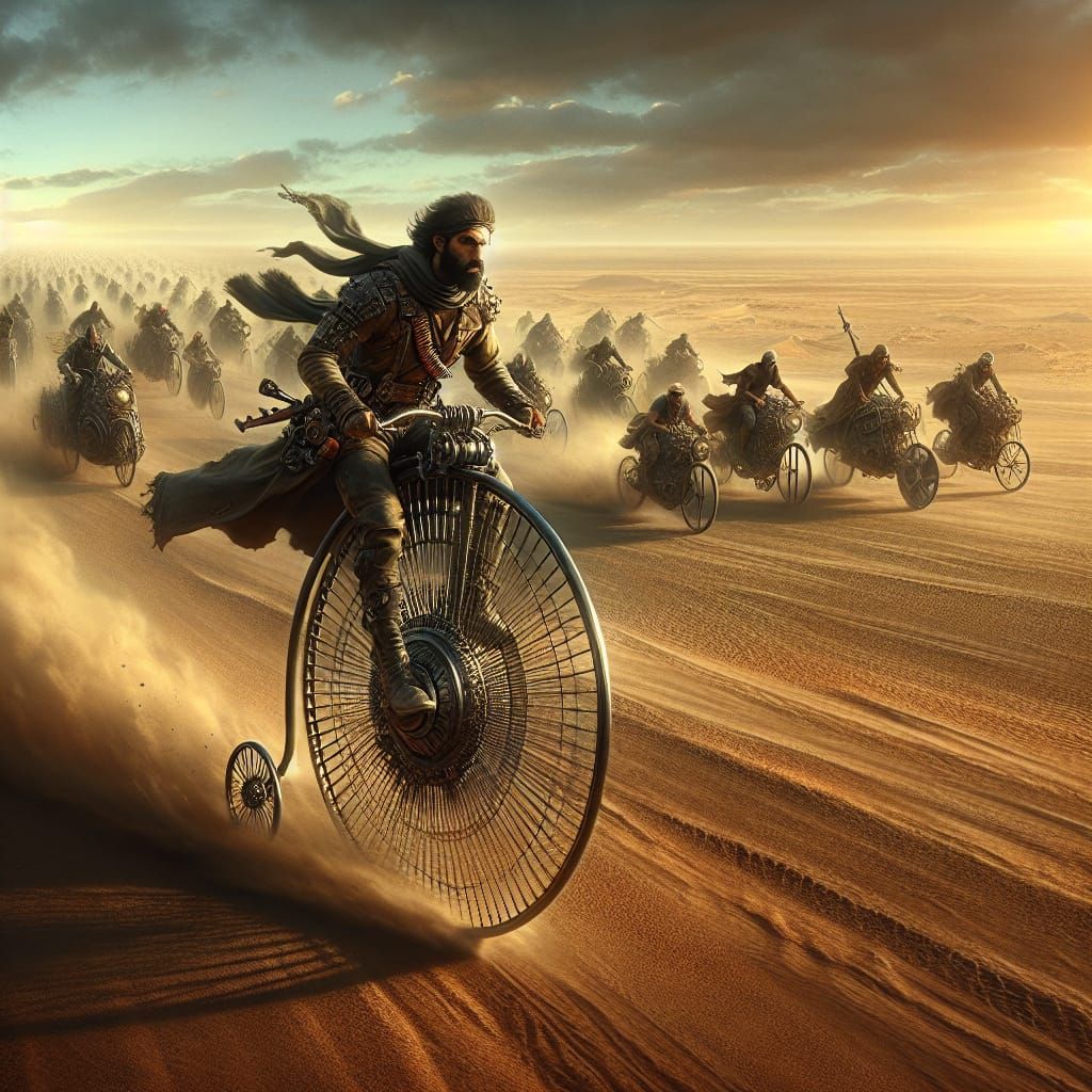 Digital matte painting, wide angle, Mad Max universe, a determined man in dystopian attire riding a Penny Farthing bike ...