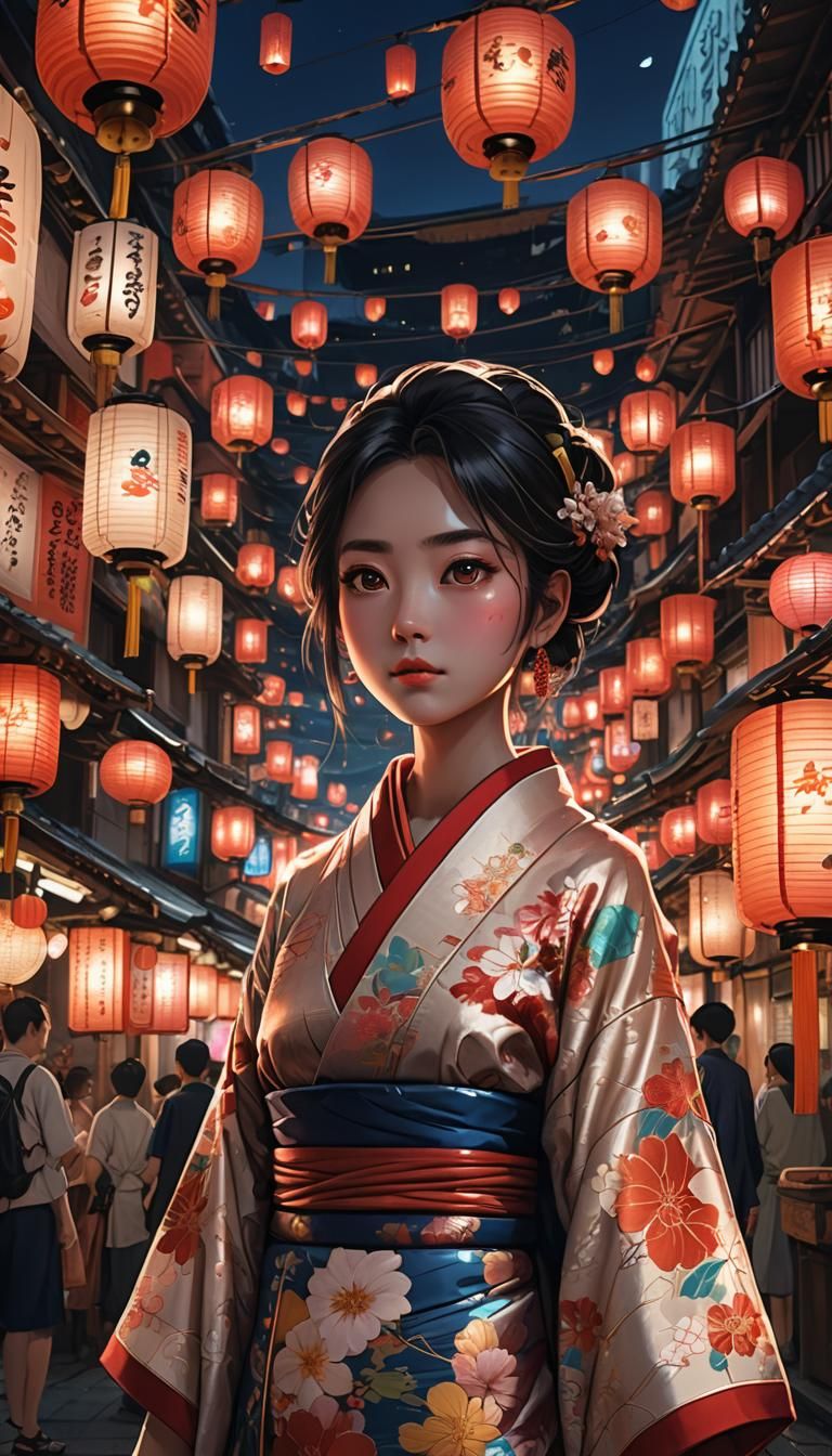 Fantasy Girl in Night Market: Digital Matte Painting