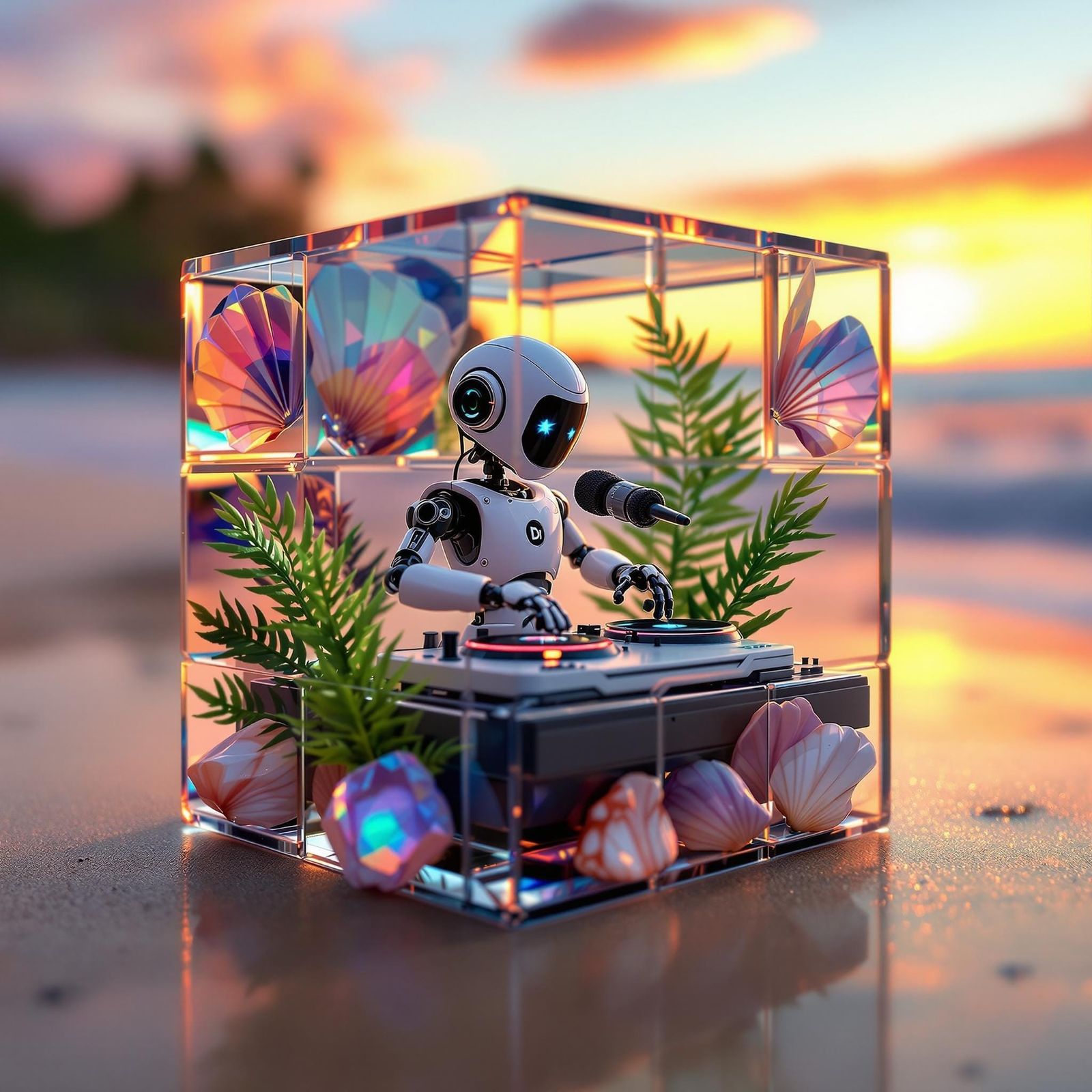 Robot DJ Inside Transparent Rubik's Cube at Sunset