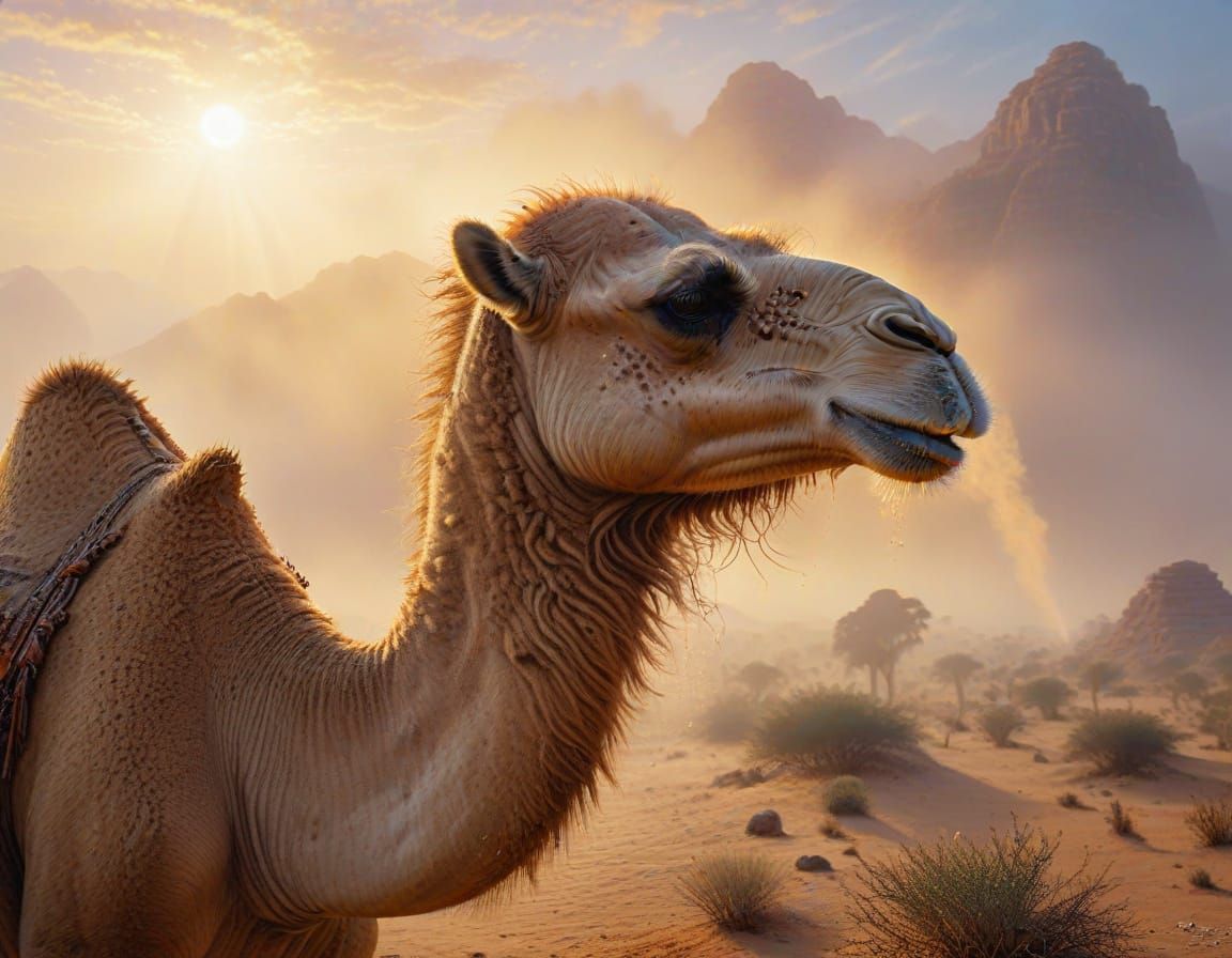 Dromedary Camel in Ethereal Desert Mist