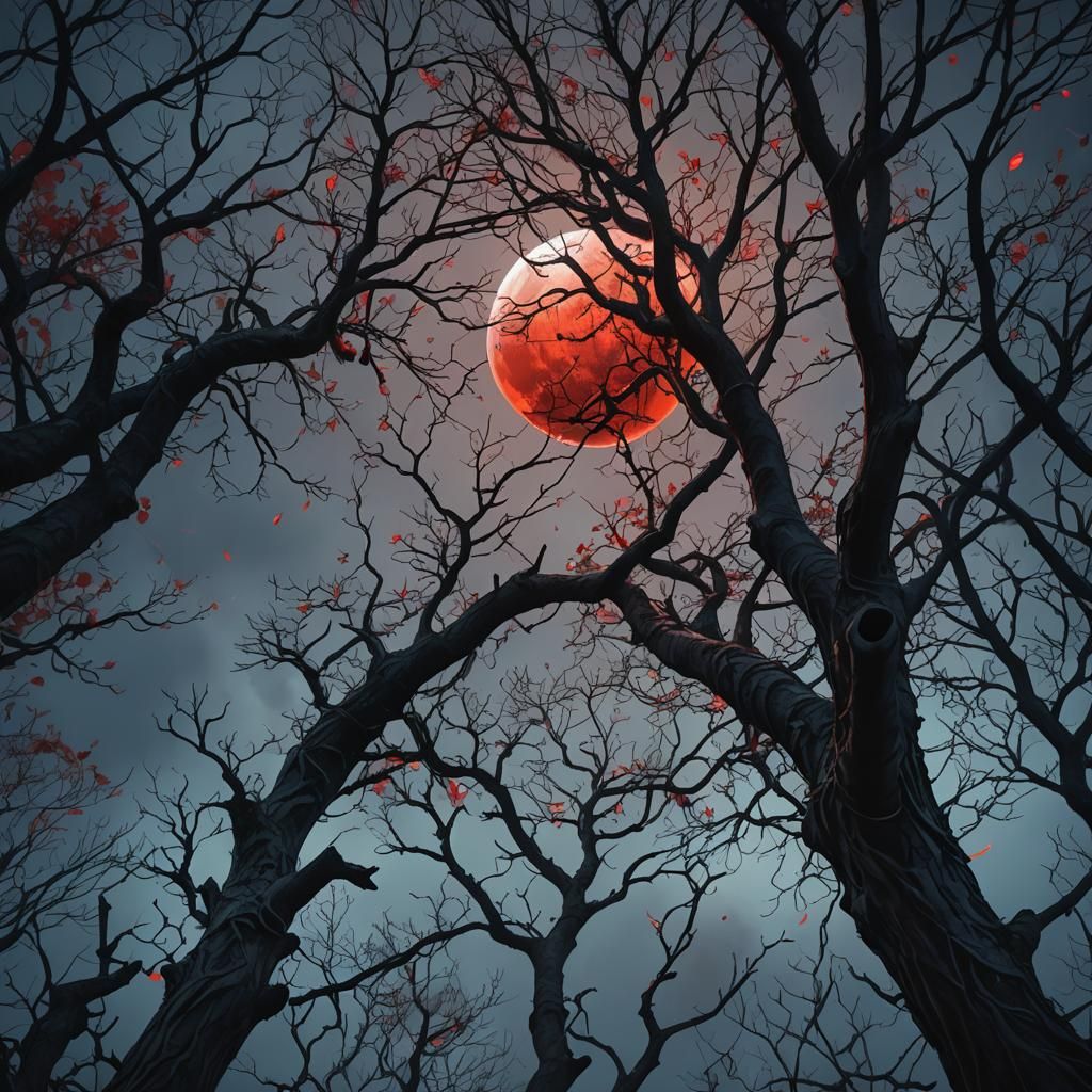 Dramatic Red Moon Fantasy Landscape in Matte Painting Style