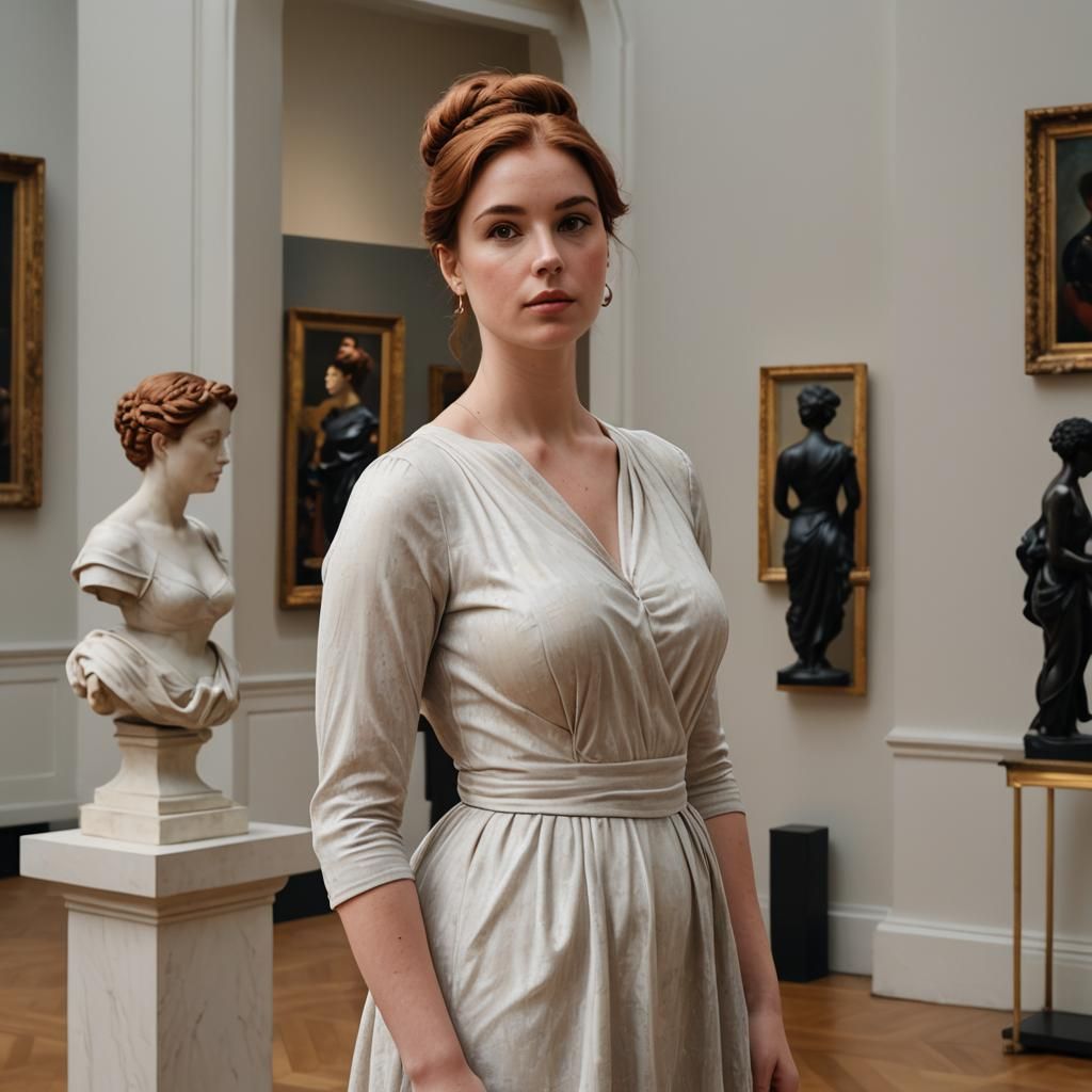 Art Student Gazing at Sculpture in Gallery
