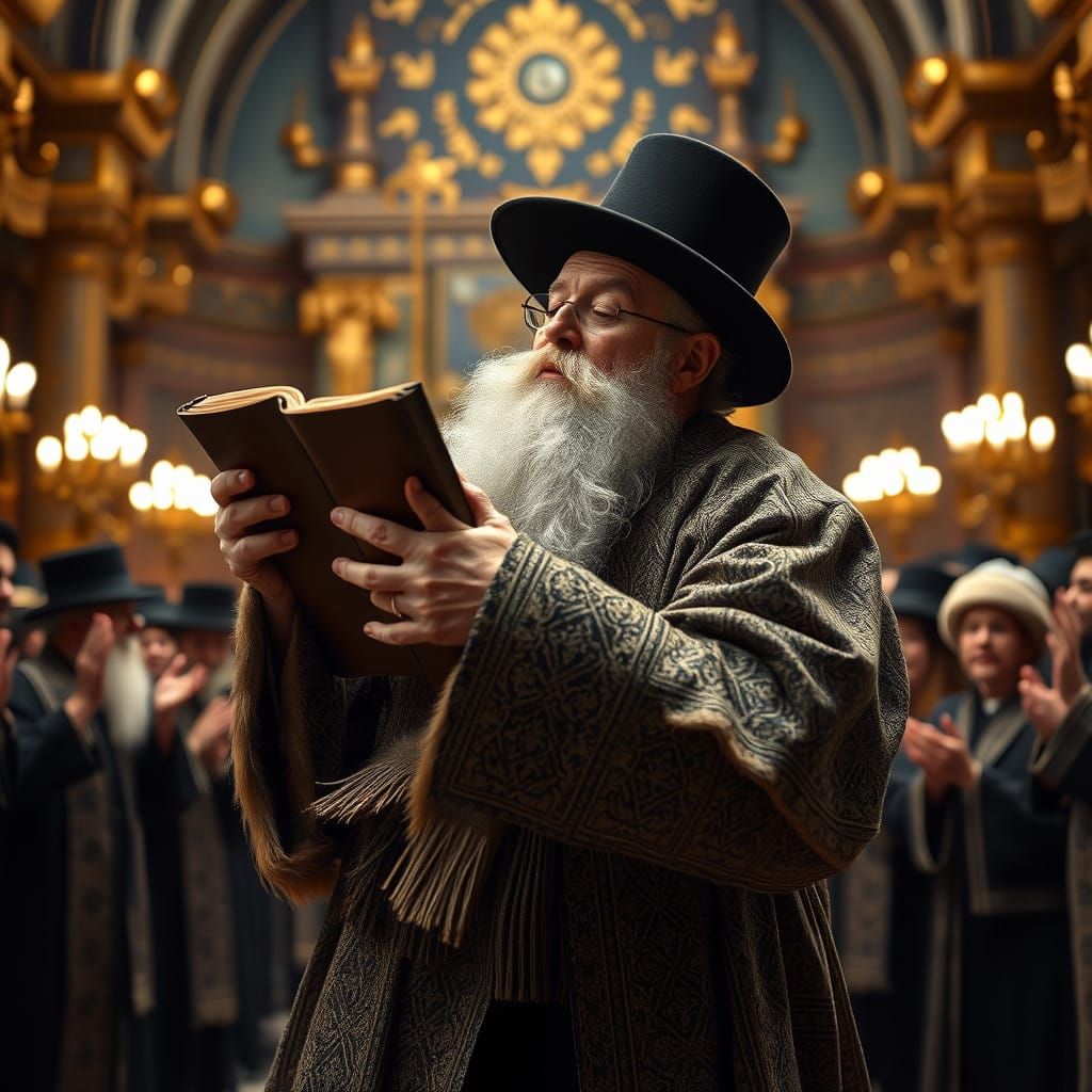 Elderly Hasidic Rebbe in Devout Dance with Torah Scroll