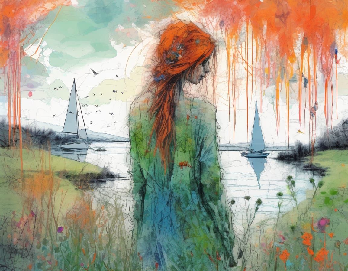 Bright Backlit Crayon Powder Art: Emogirl with Wildflowers